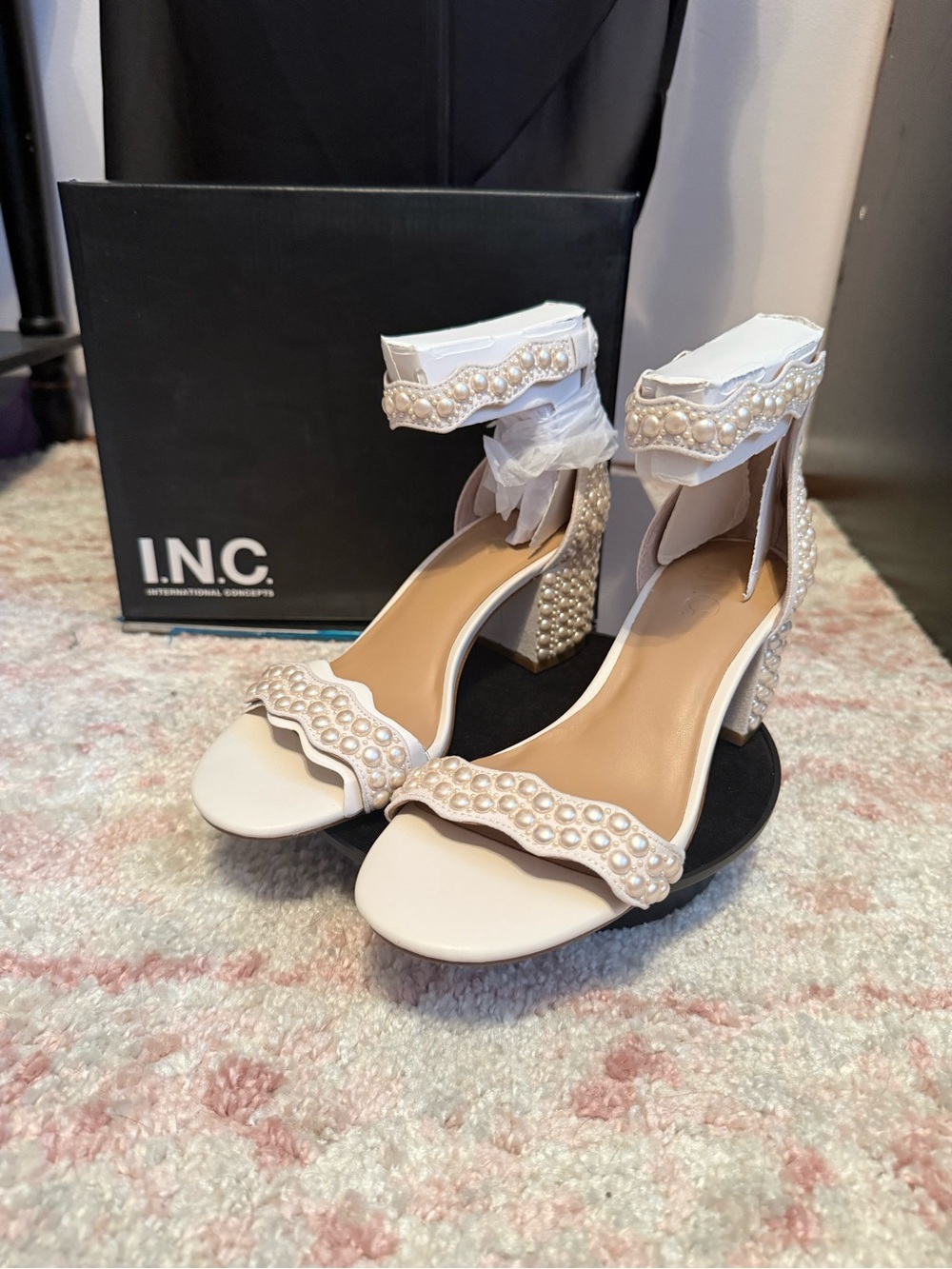 INC International Concepts Ivory Pearl-Embellished Block Heel Sandals